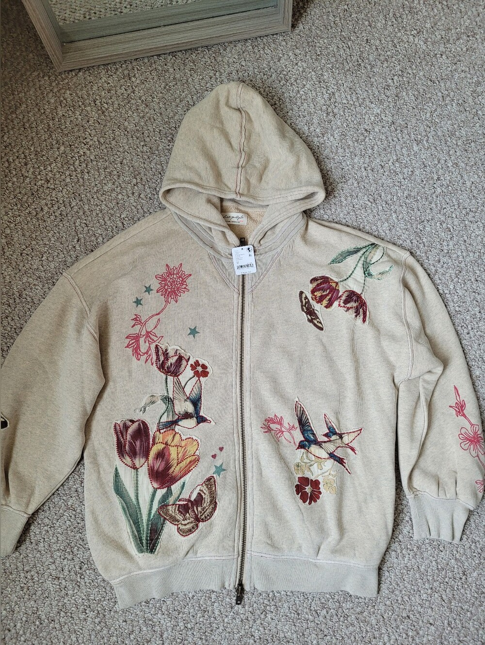 Free People Grandma's Garden Floral And Birds Embroidery Oversized Hoodie.